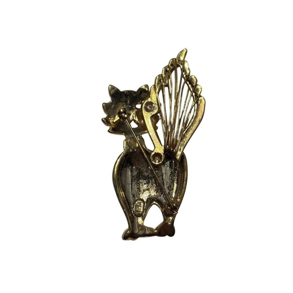 Vintage Signed SFJ Gold Tone Fanned Tail Feline Kitty Cat Kitten Brooch Pin